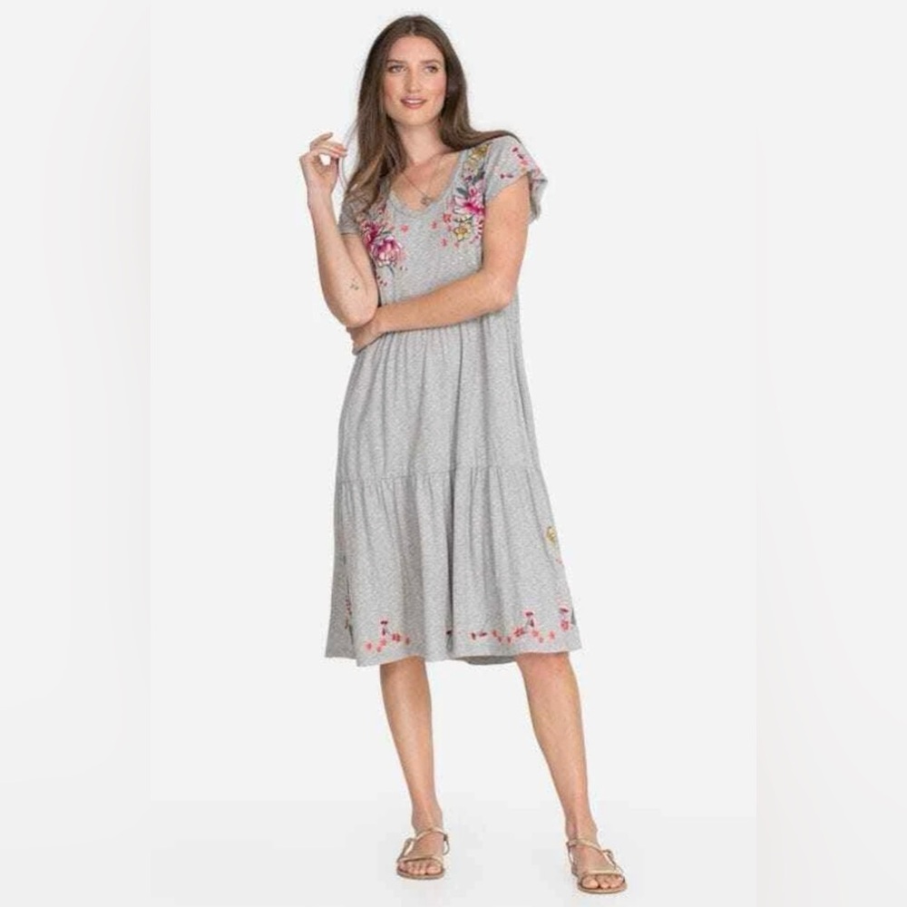 Johnny Was Jessica Gray Tiered Embroidered Cotton Midi Dress - Size small